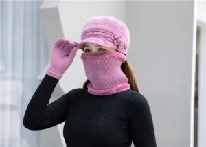 Women winter warm knitted hat scarf and gloves set plush thick windproof pink winter gear