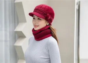 Women winter plush knit hat and scarf set warm thick wine red fleece lined beanie cap detail