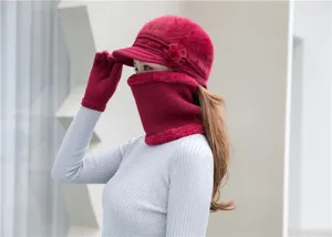 Women winter fleece lined knit beanie hat scarf gloves set warm thick wine red detail