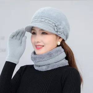 Womens winter warm knitted hat scarf and gloves set grey plush thermal fleece lined apparel