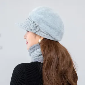 Women winter fleece thickened knitted hat and scarf set stylish blue warm wool cap side view