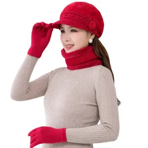 Women winter warm knitted hat scarf and gloves set fleece lined thick cozy red winter headwear