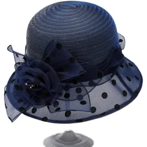 Elegant women summer sun hat navy blue organza flower polka dot bucket hat for daily wear