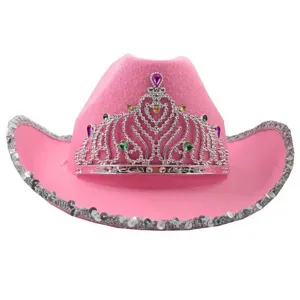 Rosa Western-Cowboyhut mit glitzerndem Strass-Diadem und Paillettenkrempe für Party und Bühne.