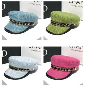 Berretto piatto in tweed da donna con catena, elegante cappello ottagonale a quadri.