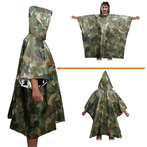 Detailed view of emergency camo survival poncho, showing waterproof and thermal design.