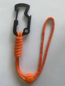 Multi-functional paracord bottle hanging buckle detail, adjustable orange wrist strap lanyard.