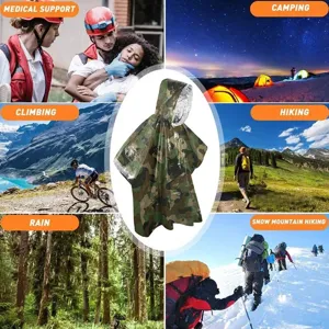 Emergency camouflage thermal poncho for outdoor survival, camping, hiking and rescue gear.