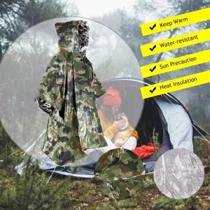 Outdoor emergency camo poncho detail showing waterproof, thermal insulation and hooded design.