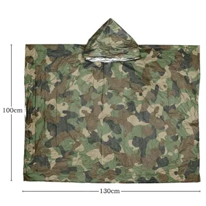 Camouflage emergency rain poncho detail view showing dimensions 100x130cm for outdoor survival gear.
