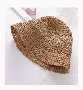 Handgemachte Stroh Bucket Hat für Damen, Sommer japanischer Stil lässiger Sonnenschutz Strandhut.