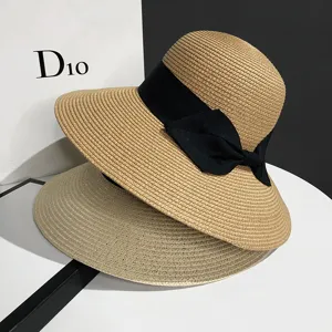 Chapeau de paille d'été à large bord pour femme, élégant nœud noir chapeau de plage anti-UV soleil