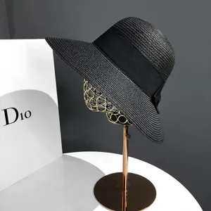 Chapeau de paille grand bord femme noir été plage voyage protection UV chapeau de soleil