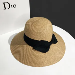 Chapeau de paille femme ete avec noeud noir, grand bord chapeau de plage anti UV soleil.
