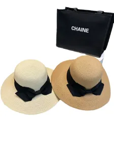 Chapeau de paille femme grand bord ruban noir protection solaire chapeau de plage d'été