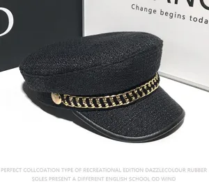 Berretto baker boy nero in tweed con catena d'oro, elegante cappello da pittore donna.