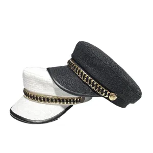 Berretto piatto da donna in tweed decorazione catena chic elegante nero e bianco cappello visiera