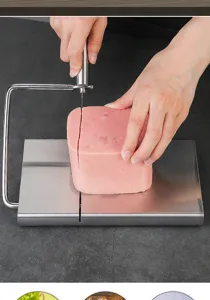 Detail view showing hands using stainless steel cheese and ham slicer wire tool on a counter.
