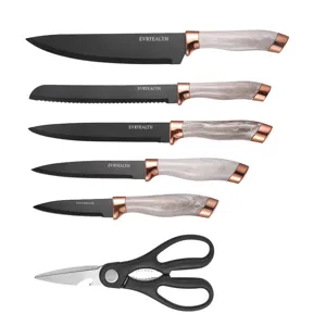 Stainless steel kitchen knife set with sharp black blades, ergonomic handles and kitchen scissors.