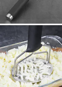 Stainless steel double layer potato masher kitchen tool detail view showing sturdy handle.