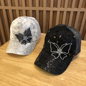 Damen Sommer Baseballkappe Pailletten Netz Sonnenschirm Hut Strass Schmetterling Spitze Verstellbar Lässig Sport Outdoor Hut