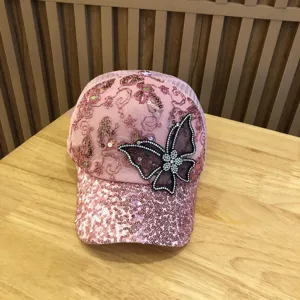 Rosa Pailletten Spitze Baseballcap Damen Sommer Mesh Sonnenhut mit glitzerndem Schmetterling.
