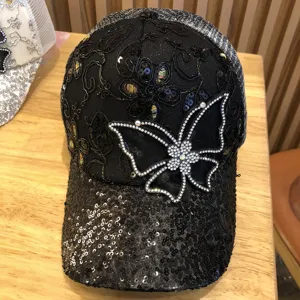 Damen Sommer Schwarze Pailletten Strass Schmetterling Baseball Cap Netzhut Sonnenschutz