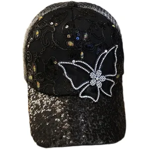 Schwarze Pailletten-Spitze Strass Schmetterling Baseballcap, stilvoller Sommer Mesh Sonnenschutz.