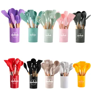Silicone kitchen utensils set with wooden handles and storage bucket, colorful cooking tools.