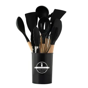 Silicone kitchen utensil set with wooden handles and black storage holder for non-stick cookware.