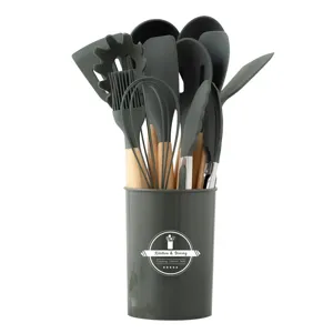 Silicone Kitchen Utensils Set with Wooden Handles Non-Stick Cooking Tools Storage Bucket