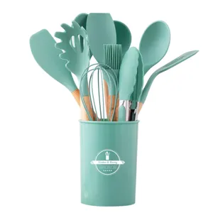 Silicone kitchen utensils set with wooden handle non-stick spatula cooking tools storage bucket