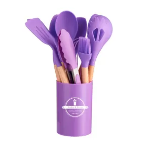 Purple silicone kitchen utensils set with wooden handles and convenient matching storage holder bucket.