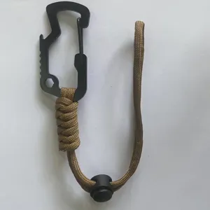 Multi-functional paracord water bottle holder strap with carabiner tool for outdoor hiking.