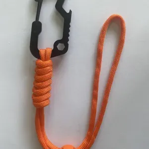 Paracord wrist strap multi-functional bottle opener carabiner for outdoor hiking and daily use.