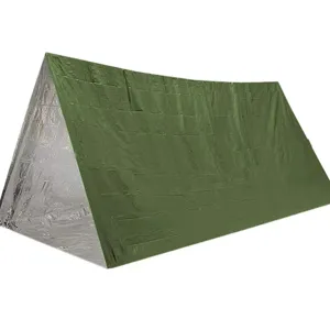 Tente de survie d'urgence verte, abri thermique en Mylar réfléchissant pour randonnée et camping.