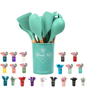 Silicone kitchen utensil set with wooden handles and stylish storage bucket for daily cooking.