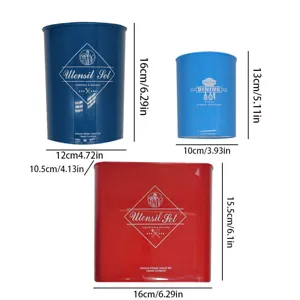 Detailed dimension view of plastic kitchen utensil storage containers in various colors.