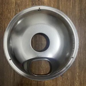 Replacement gas stove drip pan silver metal burner bowl for kitchen cooking appliance parts detail view