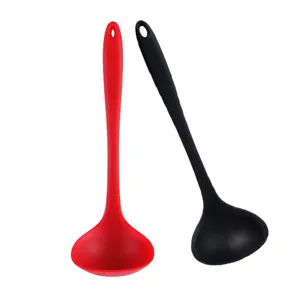 Ergonomic seamless silicone soup spoon in red and black, ideal for kitchen cooking and hot pot.