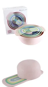Wheat straw mixing bowl measuring cup 10pcs set detail view pastel colors stackable