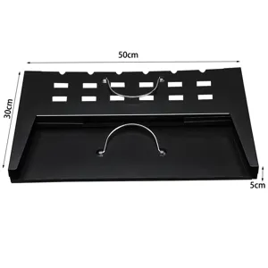 Pièce de barbecue noire en métal avec poignées et dimensions, outil de cuisine robuste.