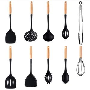 Detailed view of kitchen utensil set featuring wooden handles and black silicone heads.