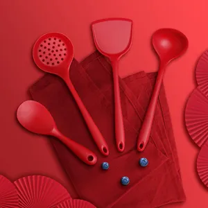 Red silicone kitchenware 4-piece set with spatula and soup ladle for home daily cooking use.