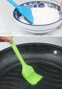 Close-up detail view of silicone baking spatula and oil brush in kitchen usage scene.