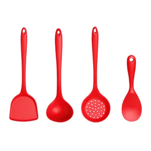 Set of 4 red silicone kitchen utensils including spatula, soup ladle, slotted spoon.