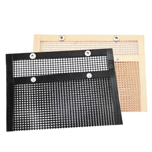 Non-stick barbecue mesh bag detail view, high temperature resistant grill mat with metal snaps.
