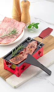 Mini raclette cheese melt grill with nonstick pan wood handle and candle holder for home use