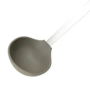 Heat-resistant grey silicone kitchen soup ladle with sturdy stainless steel handle for cooking.