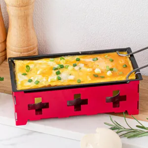 Mini cheese raclette grill with red metal stand non-stick baking pan for home kitchen cooking